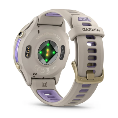 Смарт-годинник Garmin Forerunner 970 із золотистим титановим безелем, сірим корпусом і ремінцем кольору французький сірий/індиго