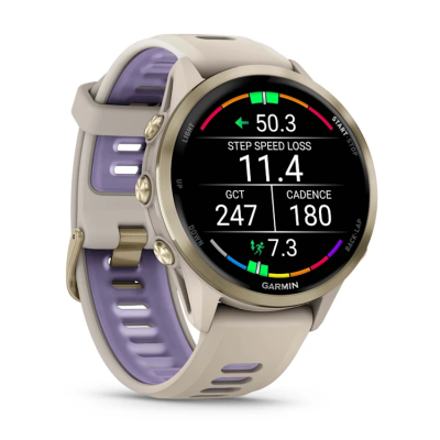 Смарт-годинник Garmin Forerunner 970 із золотистим титановим безелем, сірим корпусом і ремінцем кольору французький сірий/індиго