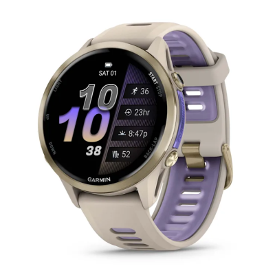 Смарт-годинник Garmin Forerunner 970 із золотистим титановим безелем, сірим корпусом і ремінцем кольору французький сірий/індиго