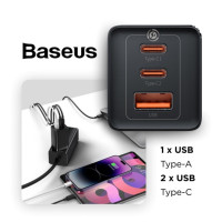Зарядный устройство Baseus GaN5 Pro Fast Charger 2C+U 65W Black w/Type-C to Type-C