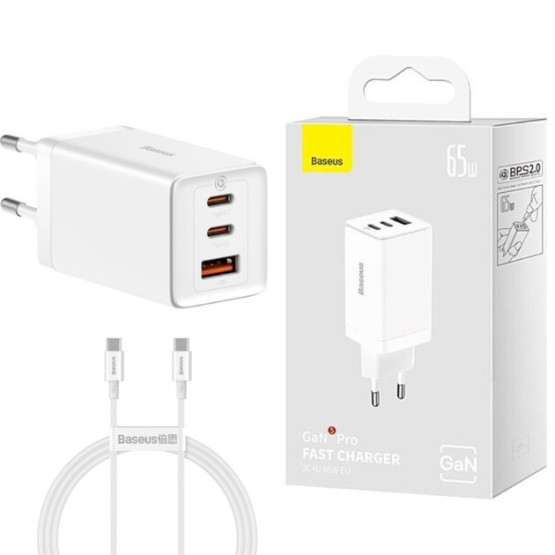 Зарядний пристрій Baseus GaN5 Pro Fast Charger 2C+U 65W White w/Type-C to Type-C Зарядний пристрій Baseus GaN5 Pro Fast Charger 2C+U 65W White w/Type-C to Type-C