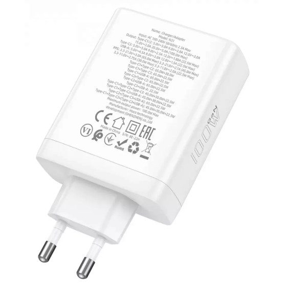 Зарядний пристрій Hoco N31 100w GaN PD 3xUSB-C/USB-A ports fast charger + USB-C to USB-C cable white