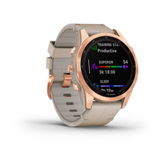 Garmin Fenix 7S Sapphire Solar Rose Gold Titanium with Limestone Leather Band (includes limestone silicone band)