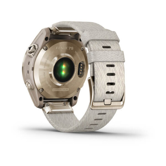Garmin Fenix 7S Sapphire Solar Cream Gold Titanium w/Cream Tethered Nylon (includes light sand silicone band)