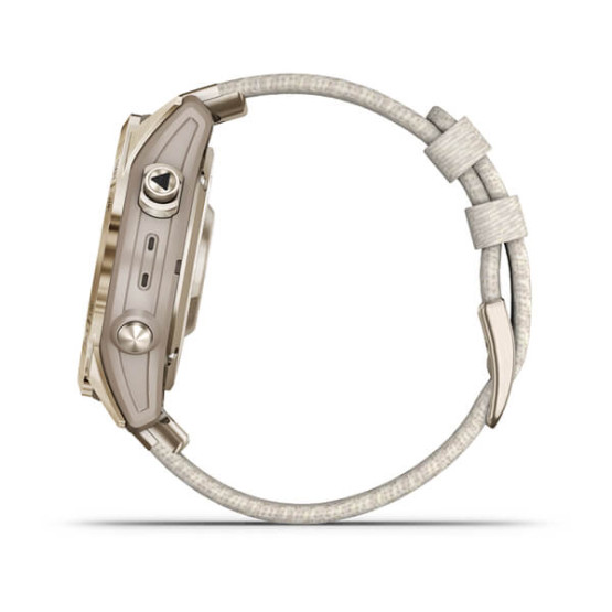Garmin Fenix 7S Sapphire Solar Cream Gold Titanium w/Cream Tethered Nylon (includes light sand silicone band)