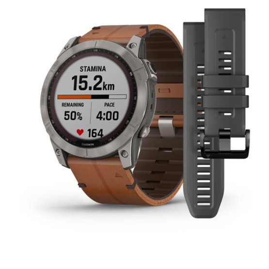 Garmin Fenix 7X Sapphire Solar Titanium with Chestnut Leather Band (includes graphite silicone band)