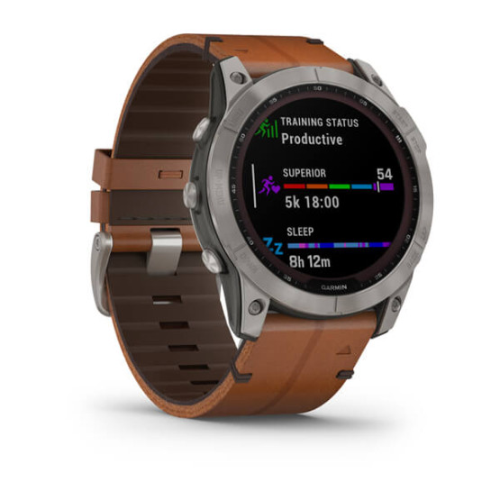Garmin Fenix 7X Sapphire Solar Titanium with Chestnut Leather Band (includes graphite silicone band)