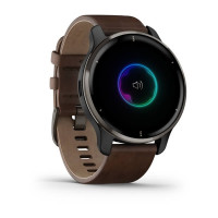 Garmin Venu 2 Plus Blue-Gray stainless Steel Bezel with Blue-Gray and Brown Leather Band
