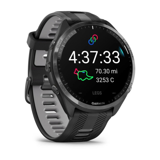 Garmin Forerunner 965 Carbon Gray DLC Titanium Bezel with Black Case and Black/Powder Gray Silicone Band