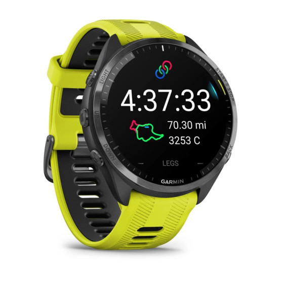 Garmin Forerunner 965 Carbon Gray DLC Titanium Bezel with Black Case and Amp Yellow/Black Silicone Band