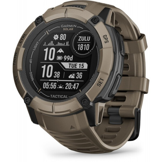 Тактический часы Garmin Instinct 2X Solar Tactical Edition – Coyote Tan с коричневым силиконовым ремешком