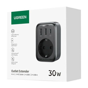 Сетевой зарядный устройство с розеткой Ugreen CD314 GaN 30W 2USB-A+1USB-C+1AC Gray
