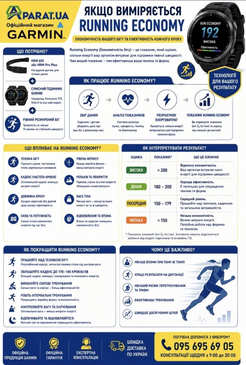 Інфографіка Garmin: як вимірюється Running Economy і що впливає на показник